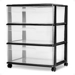 HOMZ Plastic 3 Drawer Wide Cart, Black Frame, Clear Drawers, 4 Casters included, Set of 1