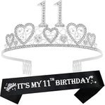 11th Birthday Sash and Tiara for Girls - Fabulous Glitter Sash + Hearts Rhinestone Silver Premium Metal Tiara for Girls, 11th Birthday Gifts for Princess Party