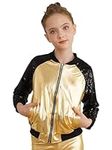 Jhaoyu Kids Girls Boys Sequin Metallic Jacket Coat Bomber Moto Vest Hip Hop Jazz Modern Dance Top Disco Party Costume Gold 8 Years