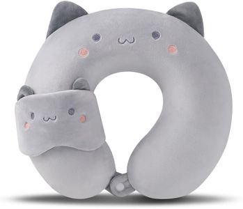 MissSoul Kids Neck Pillow for Travel with Sleep Eye Mask, Cute Travel Neck Pillow, Memory Foam Flight Sleeping Headrest Pillow for Boys & Girls, Airplane, Train, Car, Home Use - Grey Cat