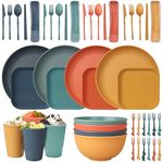 48pcs Unbreakable Dinnerware Sets for 4 People, Camping/Picnic Dinner Sets, Lightweight Colorful BBQ Plastic Serving Plates, Bowls, Cups,Cutlery Set, Forks,Tableware