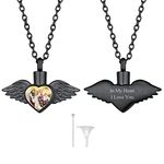 FindChic Customized Angel Wing Black Photo Pendant Urn Necklace for Ashes Stainless Steel Keepsake Memorial Cremation Remembrance Jewelry Loss of Father Mum Granny Gift for Passing Loved Ones