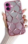 VONZEE Gradient Glitter Case for iPhone 16, Luxury Electroplated 3D Cube, Diamond Bling Shiny Soft TPU Clear Shockproof Women Girls Protective Phone Cover (Rose Gold)