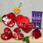 AWANI TRENDS Gift For Wife, Girlfriend,Husband,Boyfriend Birthday Anniversary Gift-Heart Shape Metal Box(3 Flower And 1Taddy), Rose, 2 Chocolates & Heart Greeting Card,350 Grams