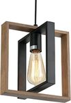 Industrial Small Pendant Lighting, Farmhouse Kitchen Island Hanging Lamp with Cord, Wood+Metal,1 Light E27 Fixture for Dining Room Bedroom Hallway Entryway,24 CM