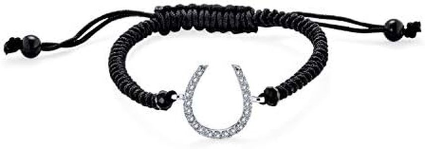 Good Luck Equestrian Black Cord Horseshoe Bracelet for Women Graduation Gift Cubic Zirconia CZ Pave .925 Sterling Silver