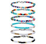 SAVITA 6 Pieces Handmade Beaded Anklets for Women Colorful Bohemian Glass Beads Ankle Wrap Bracelets String Adjustable Elastic Thread Gifts for Women Girls Beach Vacation (8" to 10")