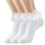 Mebiosi 3 Pairs Women Lace Socks, Solid Color Lace Ruffle Frilly Socks, Lace Ankle Socks with Bow for Women