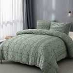 Green Tufted Comforter Set King Size (90×104 inches), Boho Shabby Chic Comforter Geometry Embroidery Bedding Set 3 Pieces (1 Comforter + 2 Pillowcases), Soft Microfiber Comforter for All Seasons