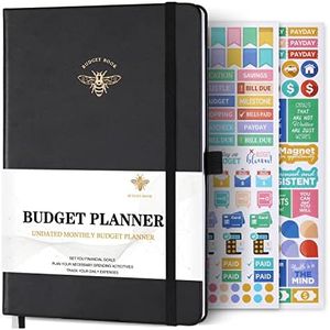 Budget Planner - Monthly Budget Book and Expense Tracker Notebook, Faux Leather Hardcover Financial Organizer, 6.3" x 8.4" Undated Bill Organizer with Pocket + Stickers + Premium Paper - Black