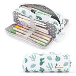 ANGOOBABY Large Pencil Case Big Capacity 3 Compartments Canvas Pencil Pouch for Teen Boys Girls School Students (Green Cactus)