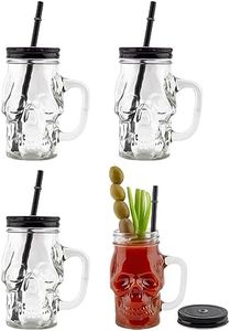 Darware Skull Mason Jar Mugs (Set of 4); Clear 12oz Glasses with Reusable Straws/Halloween Mugs