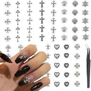 Nayyana® 75 piezas 3D Cruz colgante de uñas cromo 3D colgante de uñas colgantes vintage gótico retro punk Cruces corazones calaveras plata mixta colgantes de uñas colgantes para uñas