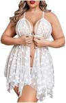 OYOANGLE Women's Plus Size Heart Print Lace Sheer Open Front Chemise Nightgown Babydoll Nightie Nightwear White X-Large Plus