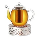 Creano Glass Teapot 1500ml with Warmer - Stovetop Safe Tea Kettle with Stainless Steel Infuser and Glass Lid, Ideal for Preparing Loose Teas - Drip Free