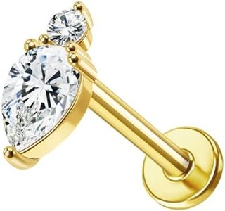 ALACLO 14K Yellow/White Gold Cartilage Earring Stud, 6mm 8mm Threadless Flat Back Earrings, Tragus Stud, Push in Tragus Earrings Threadless Labret Stud, Yellow Gold, cubic zirconia