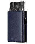 VULKIT Men's Leather Card Holder Pop Up Cards With ID Window Wallet with Coin Pocket Magnetic Closure (Navy)