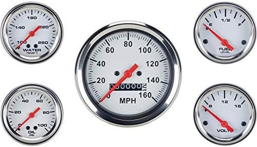 5-Gauge Set Complete Kit: 3-3/8" Mechanical Speedometer, 2-1/16" Component Gauges with White Face, Red Pointer & Chrome Bezel, Includes Tubing, Adapters, Fuel Level Sender