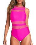 Holipick Women High Neck One Piece Swimsuits for Women Mesh Bathing Suits Open Back Swimwear, Hot Pink, Medium