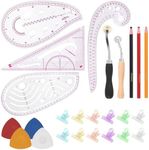 Swpeet 33Pcs Fashion Clear Metric Sewing Ruler Kit with Triangular, Curve,Comma Ruler, Multiple Colors Plastic Clips, Triangle Tailors Chalk, Tracing Wheel, Mark Pencil for Arts and Leather Crafts