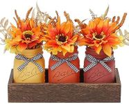 Fall Mason Jar Centerpiece for Table with Wood Tray & Artificial Flowers, Set of 3 Mason Jars Farmhouse Painted Decorative Jars for Thanksgiving Fall Home Decor, Fall Kitchen Table Centerpiece