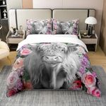 100% Natural Cotton Highland Cow Duvet Cover Twin Size Rose Flower Bedding Set For Kids Girls Boys Teens Adult Western Wild Animal Bull Cattle Comforter Cover Funny Farmhouse Quilt Cover Pink Grey