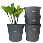 GREENON Plant Pot 10 Inch Pack of 4 (8 Pots) Self Water | Grey Outer and Black Inner Plant Container | UnFadable Planter | Virgin Plastic Big Gamla | Best for Indoor and Balcony