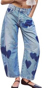LifeShe Women's Wide Leg Baggy Jeans Low Waist Heart Barrel Jean Loose Boyfriend Denim Pants, A- Deep Blue, Medium