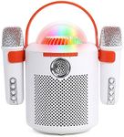 AURTEC Bluetooth Karaoke Machine with Two Wireless Microphones, Portable Design with Large Battery, RGB Light Effects & Voice Changer, Bluetooth 5.0 Powerful Speaker, AUX and TF Card Input, White