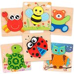 Coogam Wooden Jigsaw Puzzle Set, 6 Pack Animal Shape Color Montessori Toy, Fine Motor Skill Early Learning Preschool Educational Gift Game for Kids Children