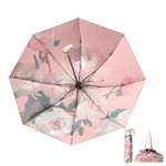 House of Quirk Dual-Use Elegant Compact Travel Folding Umbrella - Double-Sided Printed Oil Painting Floral Design, UV Ultraviolet Protection (Pink Rose)