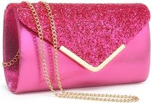 Dasein Women Evening Bags Formal Clutch Purses for Wedding Party Prom Handbags with Shoulder Strap and Glitter Flap (Fuchsia)