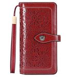 HUANLANG Large Womens Wallet Leather Vintage RFID Blocking Ladies Credit Card Clutch Wallets for Women with Wrist Strap (Wine Red)