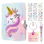 FRIUSATE Secret Diary with Lock for Girls, Fluffy Unicorn Diary Unicorn Journals Notebook Lockable Unicorn Diary Fun Lockets Secret Diary Unicorn Gifts for Girls Kids Aged 6-13