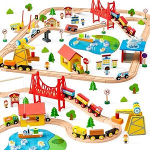 110PCS Wooden Train Set - Toy Magnetic Trains with Wooden Track Set for Kids Ages 3-8, City Scene Railway Set, Perfect Christmas Birthday Gift for Grandkids Toddlers Boys Girls