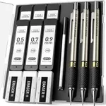 Four Candies Metal Mechanical Pencil Set - 3PCS 0.5 & 0.7 & 0.9 mm Art Pencils & 360PCS HB Lead Refills & 3PCS Erasers & 9PCS Eraser Refills, for Drawing, Writing, Sketching, Drafting - With Case