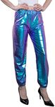 NewL Damen Metallic Glänzend Jogger Casual Holographische Farbe Streetwear Hose Hip Hop Mode Glatte Elastische Hose, blau, L