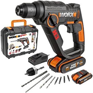 WORX WX390.1 Bohrhammer SDS-plus - 20V Bohrmaschine mit pneumatischem Hammerwerk zum Schrauben, Bohren und Hämmern – 1,2 Joule Schlagenergie – Mit 2 Li-Ion Akkus, Ladegerät und Koffer