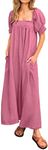 KIRUNDO Women 2024 Summer Maxi Dress Casual Loose Puff Sleeve Square Neck Maternity Flowy Long Beach Dresses with Pockets(Rose Pink, Small)