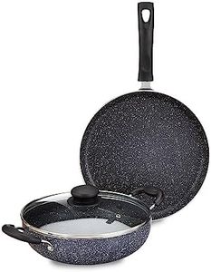 Amazon Brand - Solimo Aluminium 3 Piece Non-Stick Cookware Set|Granite Finish|Induction Base|Pfoa Free|High Temperature Resistant Exterior Coating|25 Cm Tawa,22 Cm Kadai,1 Glass Lid|Grey