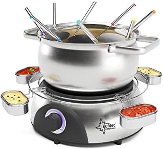 SUNTEC Fondue elettrica Fino a 8 Persone – Forchette + paraspruzzi + Supporto per Salse – Alternativa alla raclette – Pentola per Formaggio + Cioccolata + Grasso – Set in Acciaio Inox FON-8014 V2A