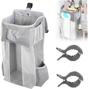 Nappy Caddy Organiser Hanging Diaper Caddy Multi Compartment Oxford Cloth Large Capacity Crib Storage with 2 Clips Non-Slip Foldable Adjustable Baby Cot Organiser, Grey