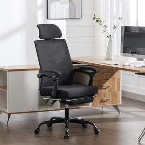 UEV Chaise Bureau Ergonomique, Chaise de Bureau avec roulettes et Accoudoirs, Hauteur et Appui-tête Réglable, Repose Pieds, Capacité 136kg, Fabriquer en Maille Respirant, Noir