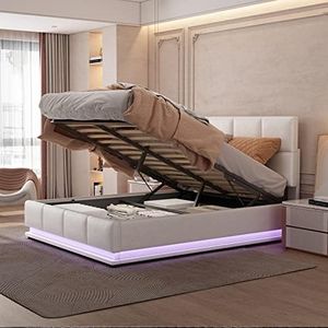 Moimhear Letto imbottito 140 x 200 cm, con rete a doghe in metallo e contenitore, letto matrimoniale con testiera regolabile in altezza e contenitore ad apertura idraulica (Bianco, 140x200cm)