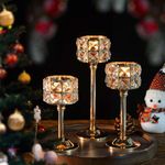 Kehail Crystal Metal Candle Holder, Square Crystal Beads Bling Tea Light Candlestick, Tall Votive Candelabra Elegant Centerpiece for Table Wedding Decoration, Home Decor (Gold, Set of 3)