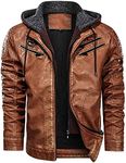 MANSDOUR Men's Faux Leather Jacket Warm Black Fleece Lined Motorcycle Bomber Jacket with Hood, Brown