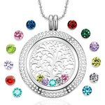 AZNECK Family Tree of Life Floating Charm Locket Necklace for Women with Birthstones Living Memory Pendant DIY Stainless Steel Jewelry Mothers Gifts, Metal