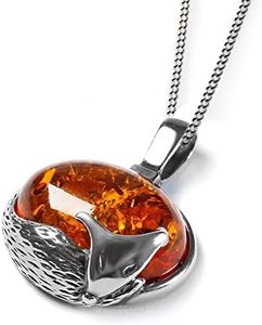 HENRYKA Sleeping Fox Necklace in 925 Sterlin Silver, 24ct Gold Plate and Baltic Amber - 18 inch Chain | Boho Style Animal Gifts for Girls & Women, 25mm x 20mm, Silver, Amber