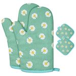 AUAUY Oven Mitts and Potholders, BBQ Gloves Heat Resistant, 1 Pair Oven Mitts and 2 Pot Holders, Cotton Non-Slip Cooking Gloves for Cooking Baking Kitchen Microwave Pizza (Daisy-Green)