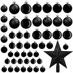 Belle Vous 50 Pack Christmas Baubles - Assorted Size Glittery Black Baubles with Star Tree Top - Xmas Tree Ball Hanging Ornaments for Christmas Decorations Holiday Party Indoor & Outdoor Decorations